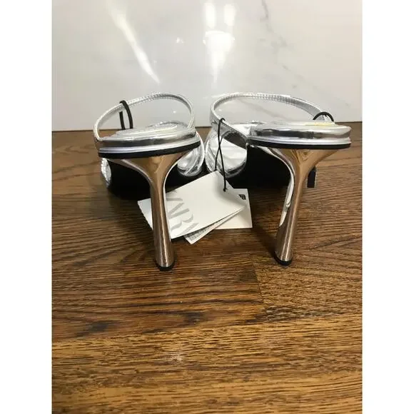 Zara Silver Metallic Strappy Slip On Heels US 7.5 / EUR 38 - Picture 10 of 14